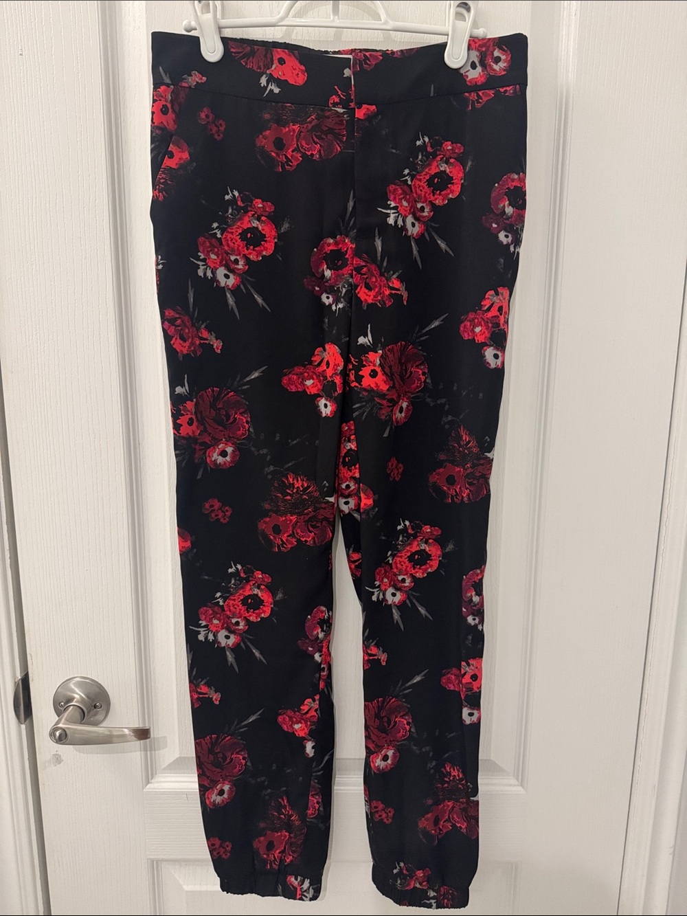 Guess Black Silk Trousers with Red Floral Print